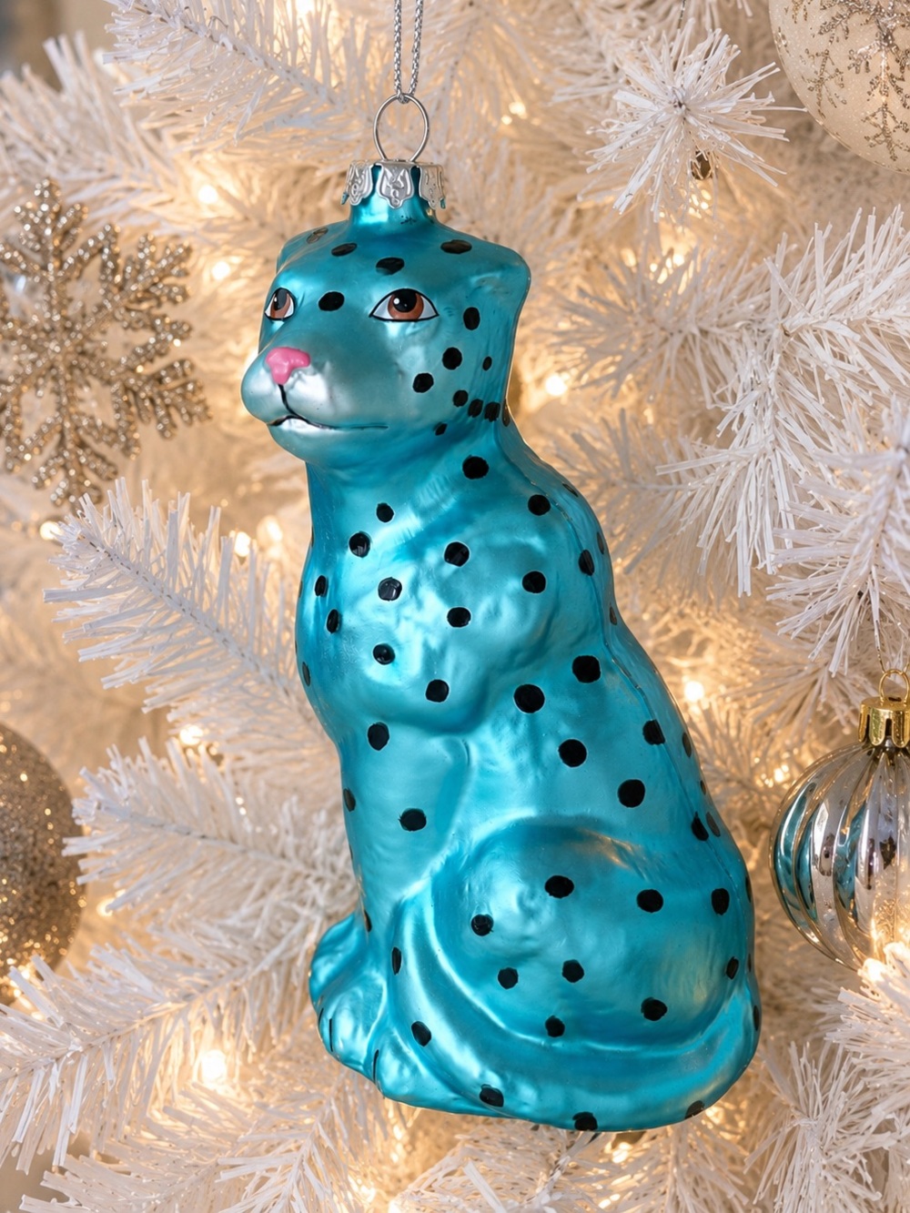 Bloomingdale’s Turquoise Leopard Glass Christmas Ornament NWT